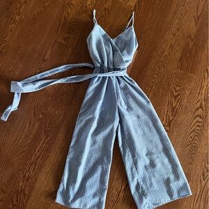 Blue and white linen stripe jumpsuit